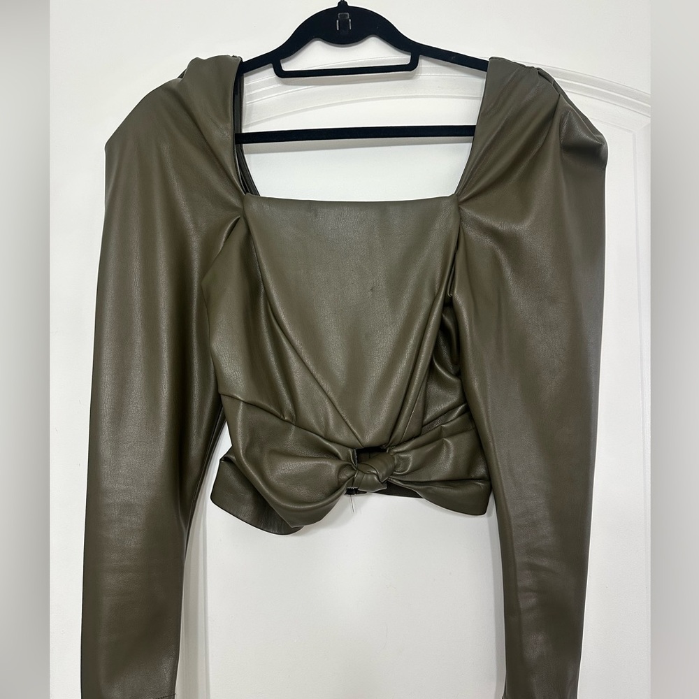 Olive Faux Leather Long Sleeve Top